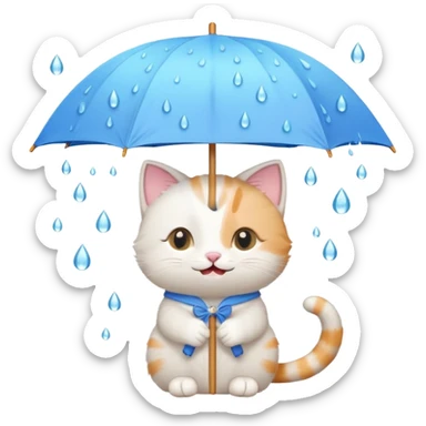 A cute cat holding a pastel umbrella, smiling while raindrops fall softly. sticker