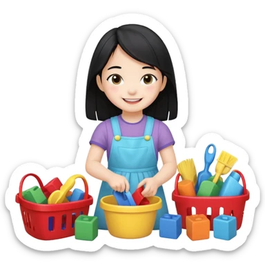A cute 4-year-old Japanese girl with a big smile, proudly cleaning up her toys by herself in a bright playroom. She is putting colorful blocks and dolls back into baskets, looking happy and accomplished.  sticker