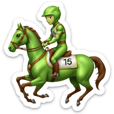 alien riding horse wearing racing cloth with number 15 sticker