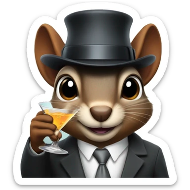 a mafia looking squirrel holding a martini drink wearing a detective hat sticker