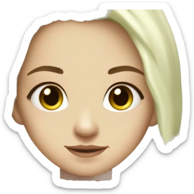 Pretty brown eyed white girl with green hair, with olive green sweater reading cozy sticker