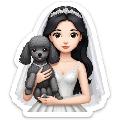 A beautiful girl with long black hair in a wedding dress holds a small gray poodle sticker
