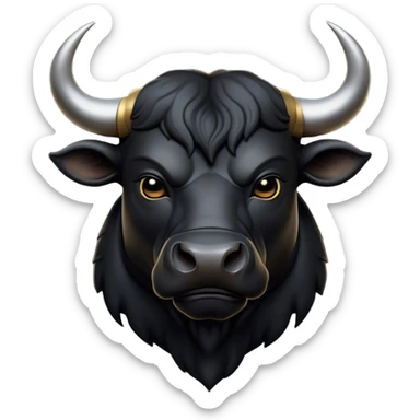 Cinematic Noble Black Bull Portrait Emoji, Poised and regal, with a massive, muscular build and a sleek, well-groomed pure black hide, deep-set soulful dark eyes, Simplified yet sharp and sophisticated features, highly detailed, glowing with a soft, dignified glow, high shine, intelligent and formidable, stylized with an air of strength, focused and attentive, soft glowing outline, capturing the essence of a watchful and confident guardian, so majestic it feels as though it could charge out of the screen with effortless authority! sticker