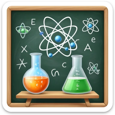 An icon featuring an atom model, a beaker with swirling particles, and a chalkboard with E=mc², symbolizing physics. The design includes a magnet, a pendulum, and a prism splitting light, representing the study of matter, energy, and natural laws. Transparent background sticker