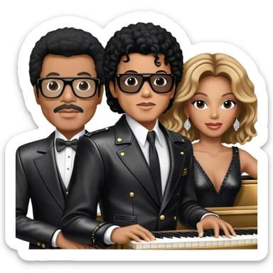 Michael Jackson in his black leather jacket, Beyoncé in a glamorous stage outfit, Lionel Richie in his classic look, Whitney Houston in her famous dress, and Ray Charles in black glasses sitting at a piano. Transparent background. sticker