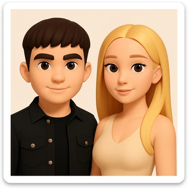 Slightly increase the volume of the upper body of the girl, significantly spread them apart from each other, make the skin color the same for both characters, keep the cartoon style as in the original image. sticker