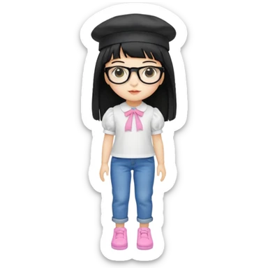 A yellow-skinned girl with long straight black hair, flat bangs, black frame glasses, a white puffy sleeve doll shirt, blue spacious jeans and pink shoes, and a black painter's hat，no yellow spikes. sticker