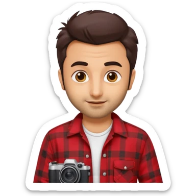 generate a pretty bratz emoji 
Make her look like Ranbir kapoor wearing a red flannel shirt,with white tee underneath. smirking and carrying a camera

he should look exactly  like ranbir kapoor!  sticker