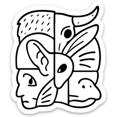 a red fragmented collage of different creature face parts with clear dividing lines between pieces: stoat fur section, minotaur skull section with horn, frog eye section, elf ear section, moth antenna section, cat whisker section, platypus bill section, and capybara nose section, arranged irregularly like a cubist painting with deliberate line splits, weathered appearance sticker