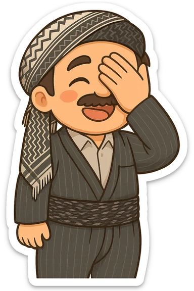 Cartoon sticker of a Kurdish man with the exact same clothes and shawl as the reference images, no changes to clothes or shawl. The face shows a shy smile expression, one hand on the face matching the pose in the reference images. Colorful and cheerful style, no shadows or color halos around the image, no text, suitable for WhatsApp and Instagram, with a fully transparent background. sticker