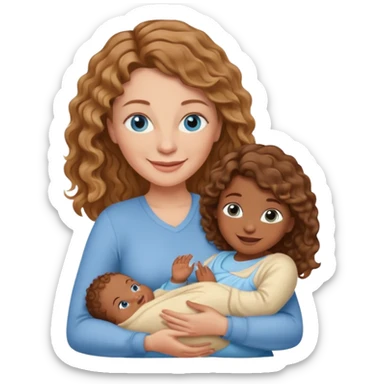 Light brown Caucasian wavy haired mom and blue eyeswith and brown skinned newborn baby sticker