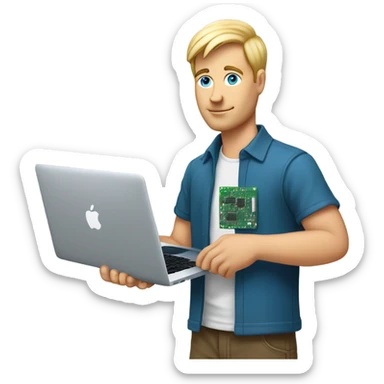 man looks 35 classes, european, tech nerd love pcb designing, blond hair shorter blue eyes behind macbook with pcb in hand  sticker