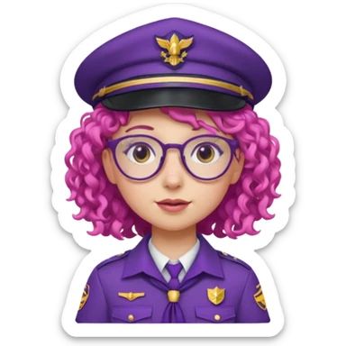 scout girl with pink curly hair and uniform and hat and glassess and purle uniform sticker