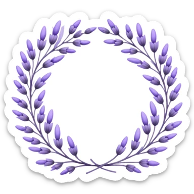 The art style is clean line art with delicate watercolor textures, pastel colors, and a dominant palette of lavender, soft lilac, and muted purple. A set of lavender wreaths, simple flower branches, and delicate frames to border text. sticker