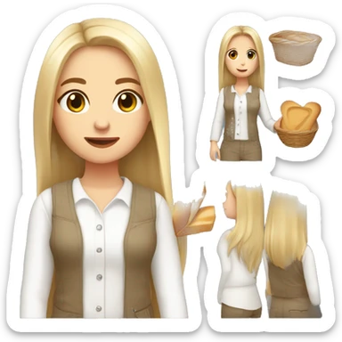 cute white girl, with jumpsuit, white shirt in it, long straight hair, holding a bread basket sticker