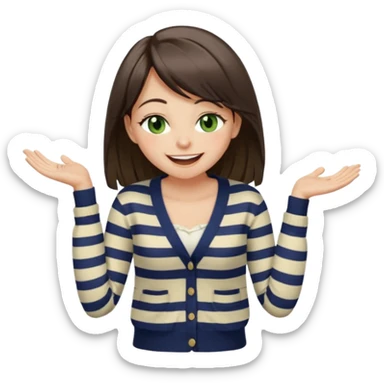 Gorgeous brunette girl green eyes, striped cream and navy blue cardigan and cream shirt, with swoop bangs and long hair having fun, laughing with mouth closed eyes squinted closed, hand on stomach laughing sticker