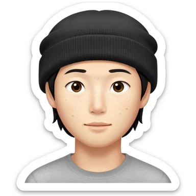 The person in the photo has soft facial features with clear and delicate contours, giving off a calm and introspective vibe. His skin tone is natural, with light freckles adding to his distinct look. His eyes appear gentle yet deep, carrying a thoughtful expression, while the slight upward curve of his lips creates a relaxed and effortless atmosphere.

He has medium-length hair that falls naturally around his shoulders, complemented by a black beanie that adds depth to his overall appearance. His expression conveys a sense of quiet individuality, giving off the impression of a reserved yet artistic personality. He is Asian, which further adds to his unique and recognizable look. sticker