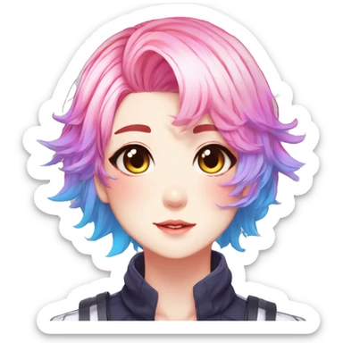 Gorgeous anime style shojo character with blushing face aesthetic and pretty colorful shiny gradient neon hair with hair garment trending style sticker