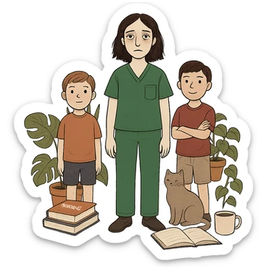 Edit the image to add two boys. The woman should be wearing Kelly green scrubs, with longer and darker hair. She should be tall and medium build, with pale skin, gray eyes, and a tired expression. Surround her with house plants, a cat, and nursing and study items. Remove the background entirely. sticker