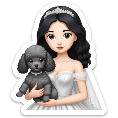 A beautiful girl with long black hair in a wedding dress holds a small gray poodle sticker