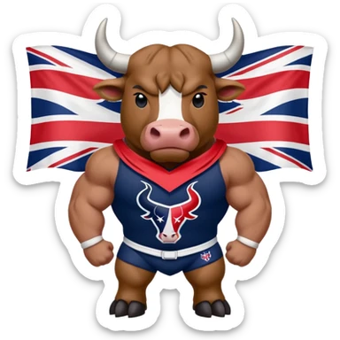 Houston texans bull, wearing a texans jersey, with a union jack flag behing sticker