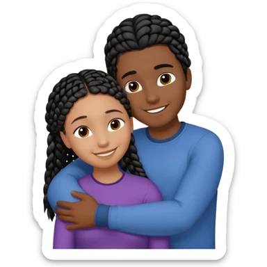 Dark black girl with black braids and dark tan white boy with curvy straight brown hair, they are hugging and smiling, and touching each other with their hands sticker