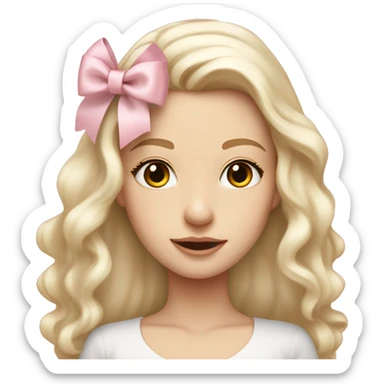 pale blonde girl with long platinum white wavy hair with bright brown eyes and wearing a light pink hair bow and  also wearing a hair bow sticker