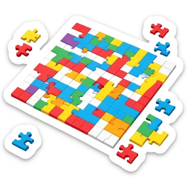 A photorealistic icon with a colorful, fragmented puzzle piece, a crossword magazine, a 3D puzzle, and a partially completed puzzle on a table. Bright, detailed design with realistic lighting. Transparent background, clearly symbolizing puzzles and brain games. sticker