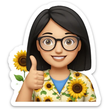 Make my biology teacher shes light brown, wears glasses, female, fat, sunflower shirt under and make her give 1 thumbs up and she has black hair and chubby sticker