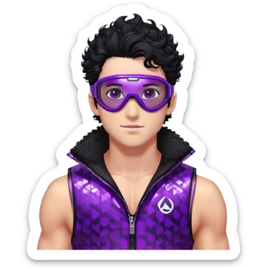 male athlete with white skin and moderately curly black hair on top with shaved sides, wearing ski goggles with purple frames and very dark black lenses, a simple plain black chain necklace, and a completely unzipped shiny vest with purple and black sequin fire pattern design, fully revealing his chest and abs, no earrings sticker