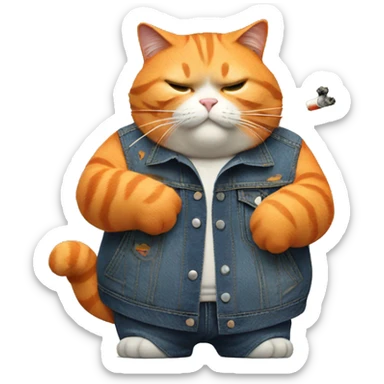 Fat orange cat smoking a cigarette with a denim jacket  sticker