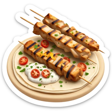 cinematic-realistic-souvlaki-dish-emoji,-showcasing-skewered,-grilled-chicken-with-mediterranean-spices-rendered-with-dynamic-textures-and-warm,-appetizing-lighting on pita bread sticker