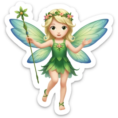 A flower fairy girl, with wings all over her body, one leg straight and the other bent, one hand raised holding a small magic wand, the other hand lowered. sticker