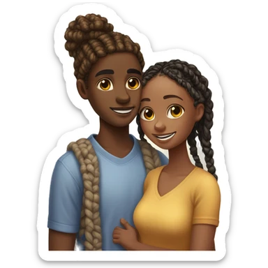 Realistic black girl with box braids and light skin boy with short curly hair and a short beard hugging sticker