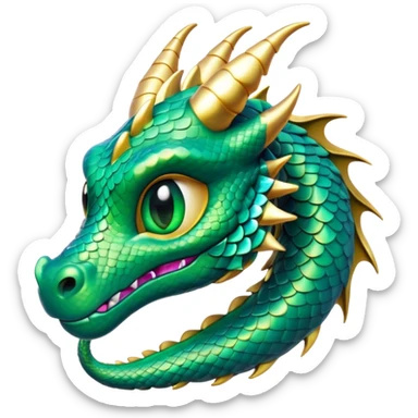 Cinematic Cute Dragon Portrait Emoji, Head tilted playfully and inquisitively, featuring a sleek, serpentine form adorned with iridescent scales that shift between emerald and gold, a delicate set of subtle horns, and round, sparkling eyes full of curious magic; rendered with realistic detail and warm natural light, high shine, affectionate and enchanting, styled with a touch of whimsical fantasy, soft glowing outline, capturing the essence of a mischievous yet lovable dragon that seems poised to slither playfully into your arms! sticker