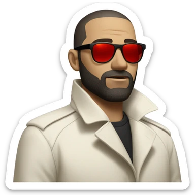<excerpt>
A white man with real buzz cut Black hair, beard stubble donning small red tinted sun glasses in a dirty white trench coat, is serious.
</excerpt> sticker