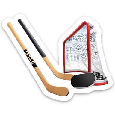 An icon showing a close-up of a hockey stick, puck, skates, and hockey net placed on the ice. The background features a packed stadium with bright lights, cheering fans, and snowy scenery outside. Transparent background highlights the key elements of the game. sticker