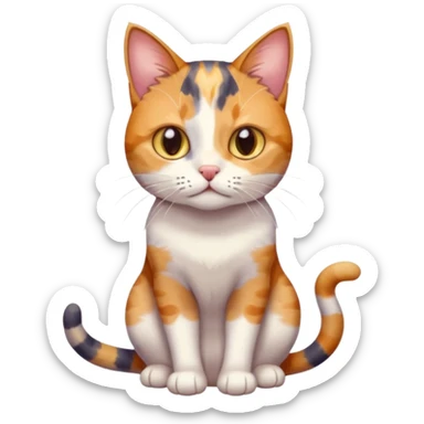 full body anxious looking colourful patchy calico tabby cat with tiny head to large body with fully white front legs sticker