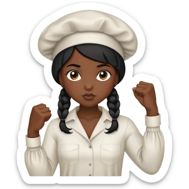 tell your AI emoji app to do an emoji of a girl wearing a black silk bonnet and a oversized shirt that says “butch-up” with a fist  sticker