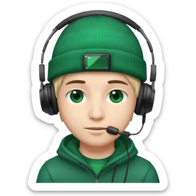 garcon avec un bonnet avec un emeraude dessus et un casque gaming sticker