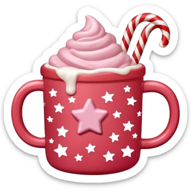 hot chocolate in red and pink pastel christmas mug with stars and candy cane, trendy aesthetic sticker