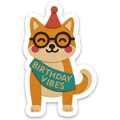 Make the Shiba Inu full body and adjust the sash so it looks well-shaped and natural. Keep the paper-craft style, glasses, party hat, and all other elements the same. sticker