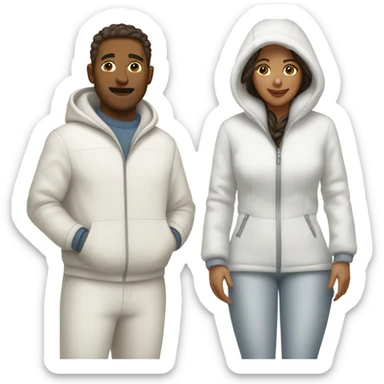 Brown woman and white man in matching snow suits sticker