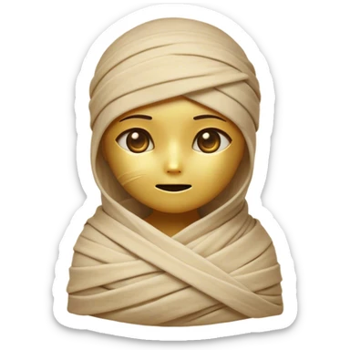 Cinematic Cute Mummy Portrait Emoji, with a delightfully charming, slightly clumsy bandaged form in warm faded tones and subtle hints of gold, featuring wide, curious eyes peeking from the wrappings and a sweet, innocent smile, simplified yet adorably detailed, glowing with a soft, ancient warmth and a gentle outline that captures the playful spirit of an ancient mummy! sticker