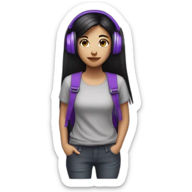 a depressive girl with purple headphones and straight black hair she will have a purple backpack the hair will be parted in the middle and long and the t-shirt will have a text sticker