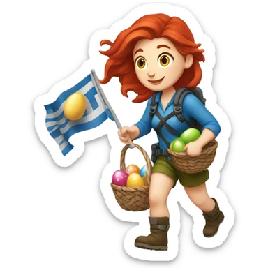 Female mountaineer red hair climbing with the real Greek flag and holding Easter eggs basket sticker