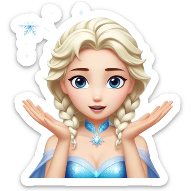Cinematic Playful Elsa Portrait Emoji, Blowing frost from her hands in a dazzling display, eyes filled with mischief, exuding a magical charm that is both fun and enchanting! sticker