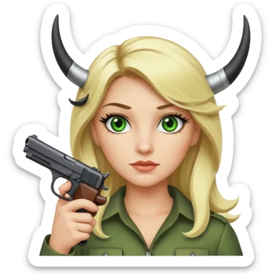 Emoji femme blonde cheveux blond, yeux vert avec de long cils noir qui porte un pistolet et à des cornes  sticker