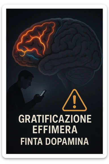 a brain is shown with bright, neon pathways lighting up as a person watches explicit content on a device. The pathways fade rapidly, and a warning icon appears with the Italian phrase “Gratificazione effimera” or “Finta dopamina.” The mood is cautionary and educational. sticker