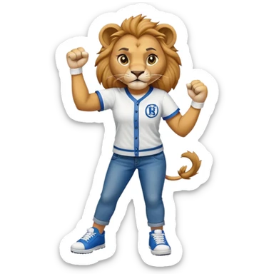 confident anthropomorphised female lion wearing baseball shirt, jeans, trainers, raising a fist in the air, angry expression, no sunglasses sticker